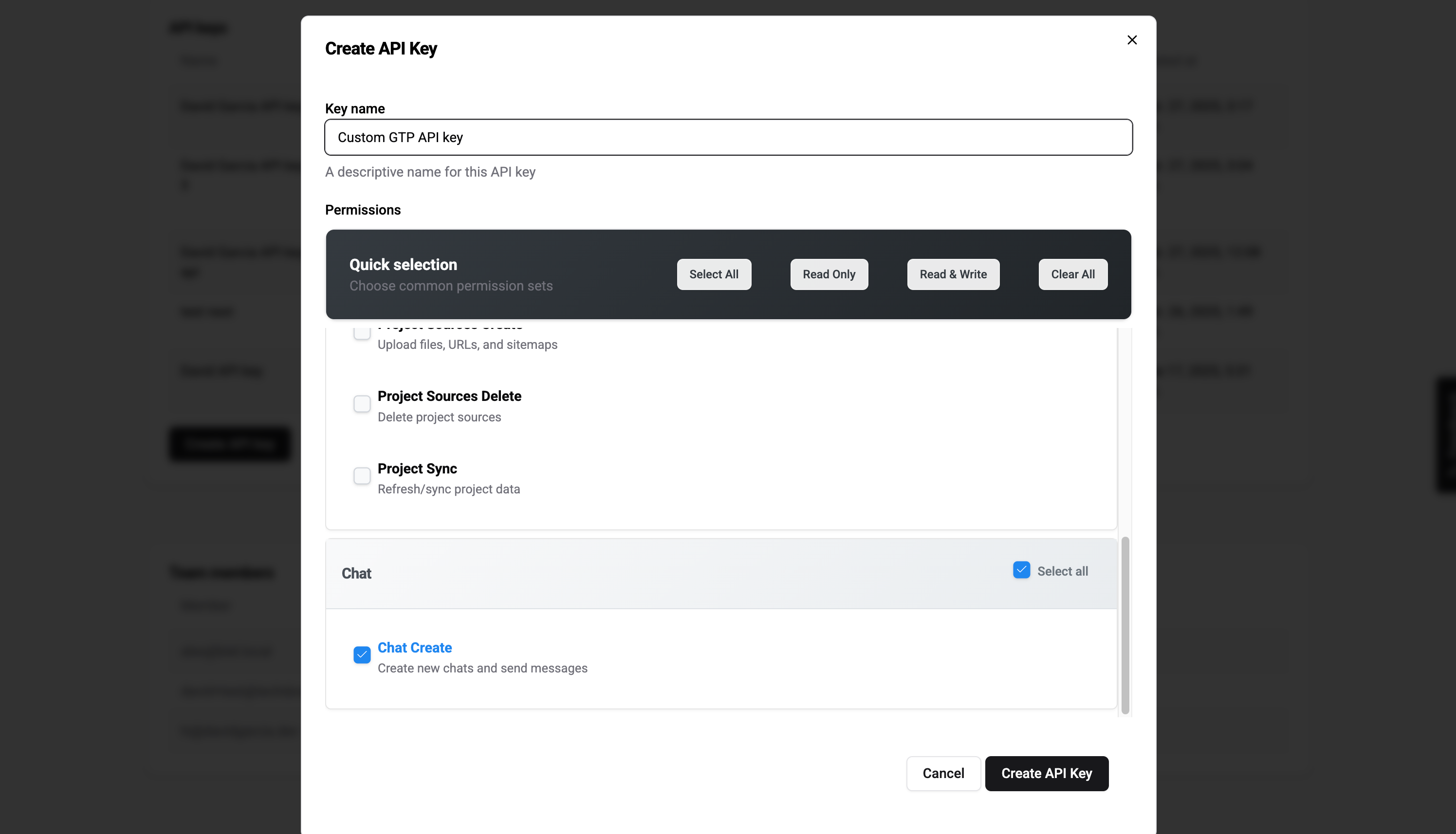Create API key with chat_create permission