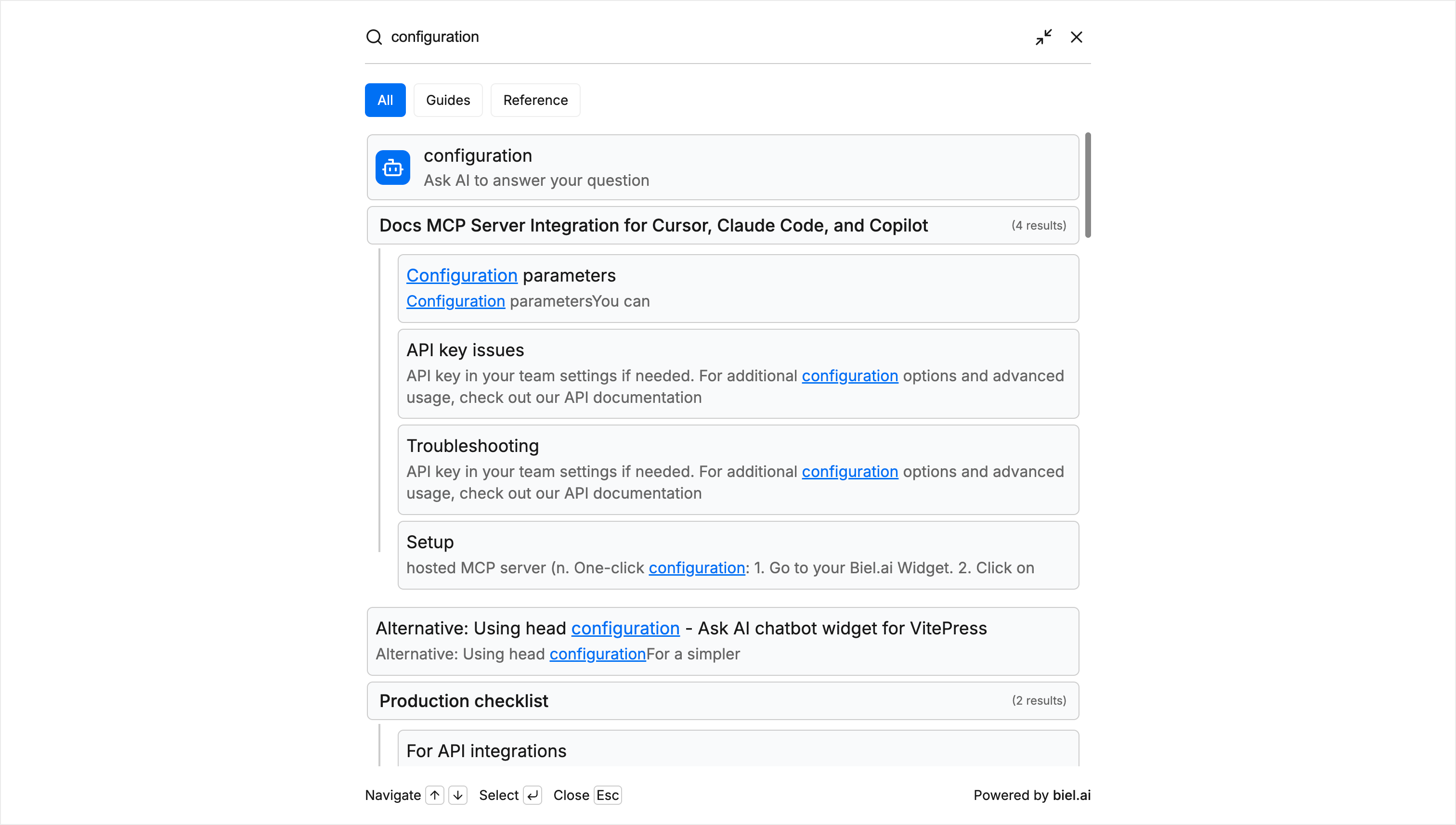 Search filters shown in the search widget
